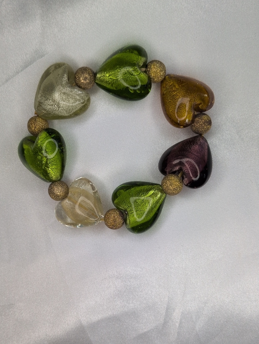 Murano Style Glass Foil Lined Puffy Heart Stretch Bracelet Gold Green Plum